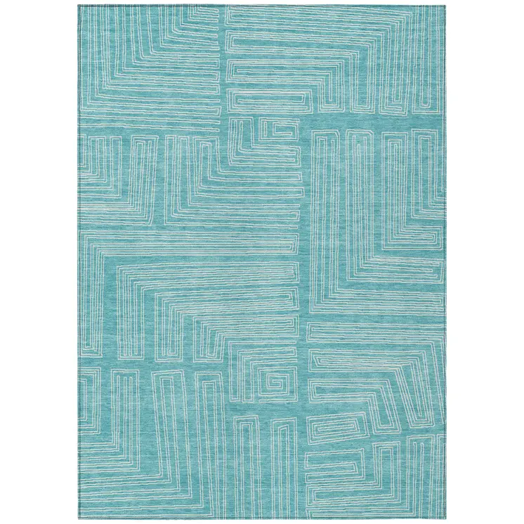 9' X 12' Turquoise And Ivory Geometric Washable Indoor Outdoor Area Rug