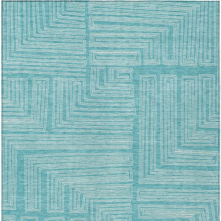 10' X 14' Turquoise And Ivory Geometric Washable Indoor Outdoor Area Rug