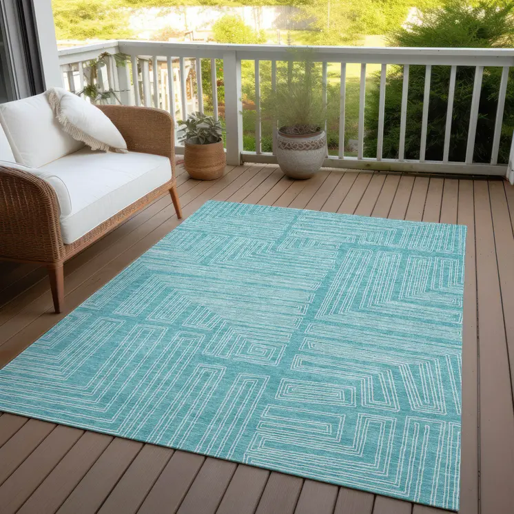 10' X 14' Turquoise And Ivory Geometric Washable Indoor Outdoor Area Rug
