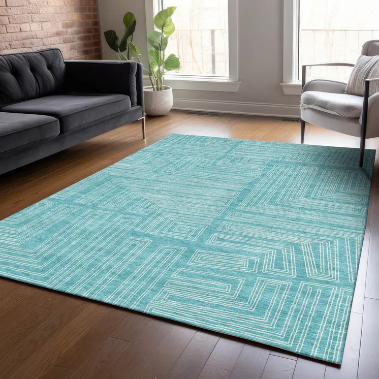 10' X 14' Turquoise And Ivory Geometric Washable Indoor Outdoor Area Rug