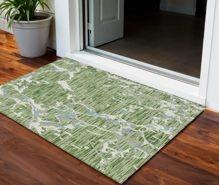 3' X 5' Artichoke Green Ivory And Beige Striped Washable Indoor Outdoor Area Rug