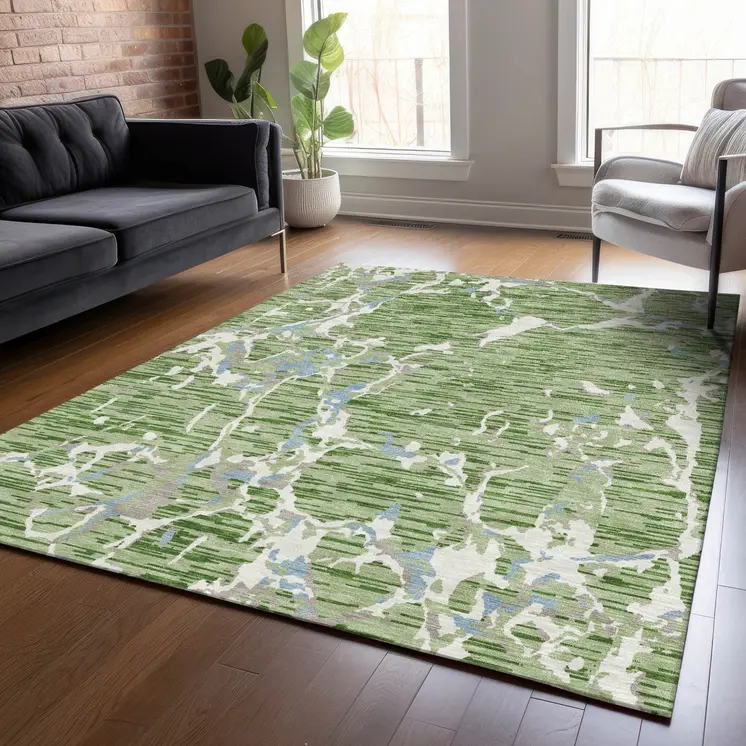 3' X 5' Artichoke Green Ivory And Beige Striped Washable Indoor Outdoor Area Rug