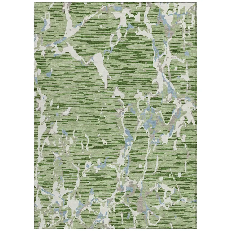 5' X 8' Artichoke Green Ivory And Beige Striped Washable Indoor Outdoor Area Rug
