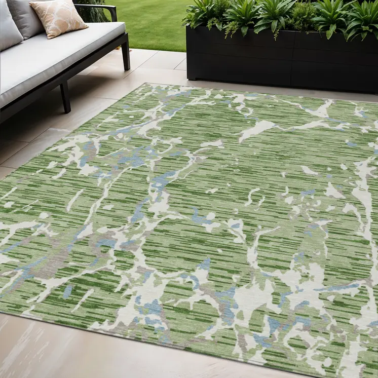 5' X 8' Artichoke Green Ivory And Beige Striped Washable Indoor Outdoor Area Rug