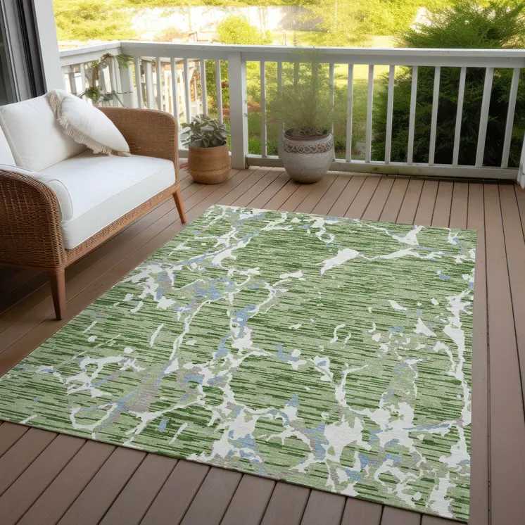 5' X 8' Artichoke Green Ivory And Beige Striped Washable Indoor Outdoor Area Rug