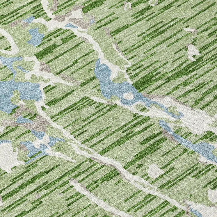 5' X 8' Artichoke Green Ivory And Beige Striped Washable Indoor Outdoor Area Rug