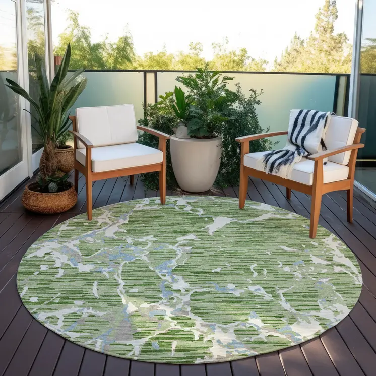 8' Artichoke Green Ivory And Beige Round Striped Washable Indoor Outdoor Area Rug