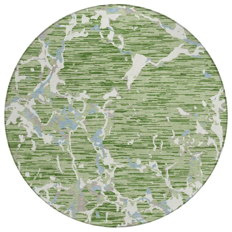 8' Artichoke Green Ivory And Beige Round Striped Washable Indoor Outdoor Area Rug