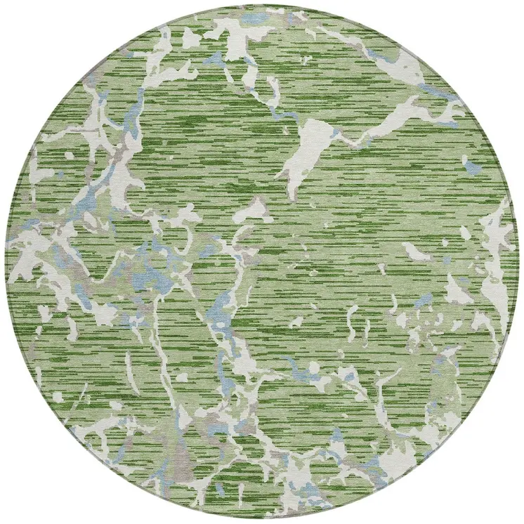 8' Artichoke Green Ivory And Beige Round Striped Washable Indoor Outdoor Area Rug
