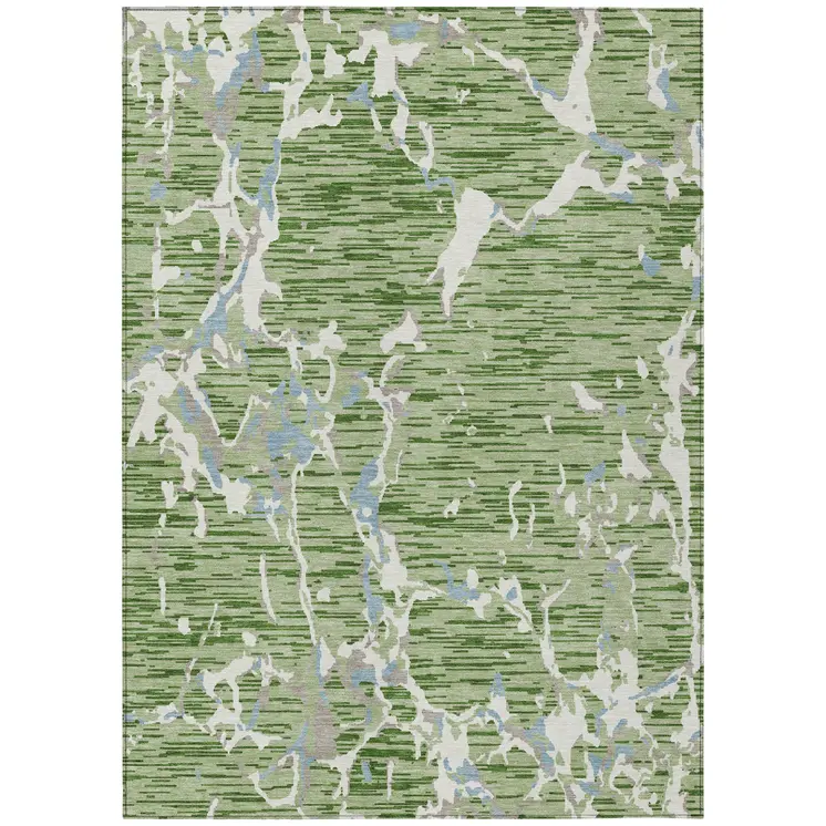 9' X 12' Artichoke Green Ivory And Beige Striped Washable Indoor Outdoor Area Rug