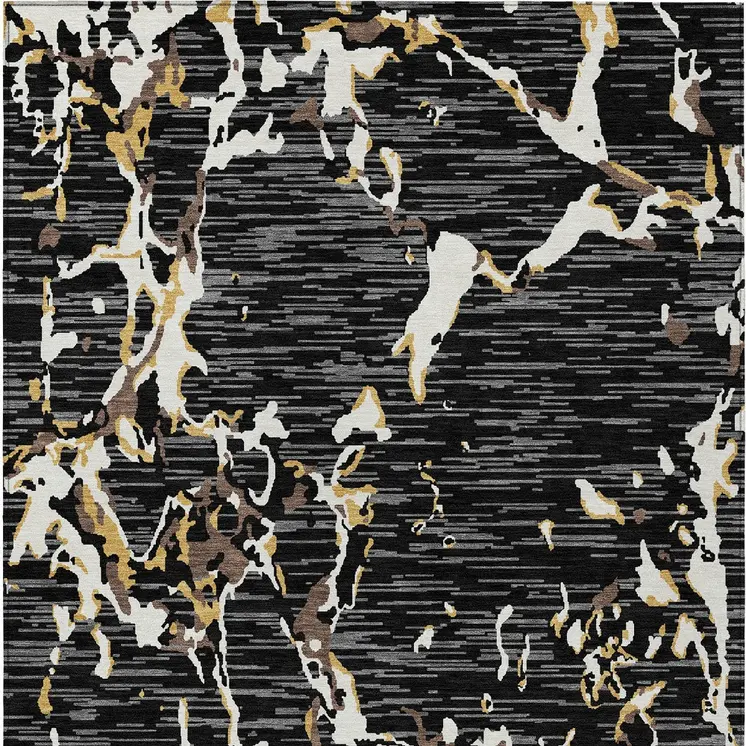 5' X 8' Black Ivory And Brown Striped Washable Indoor Outdoor Area Rug