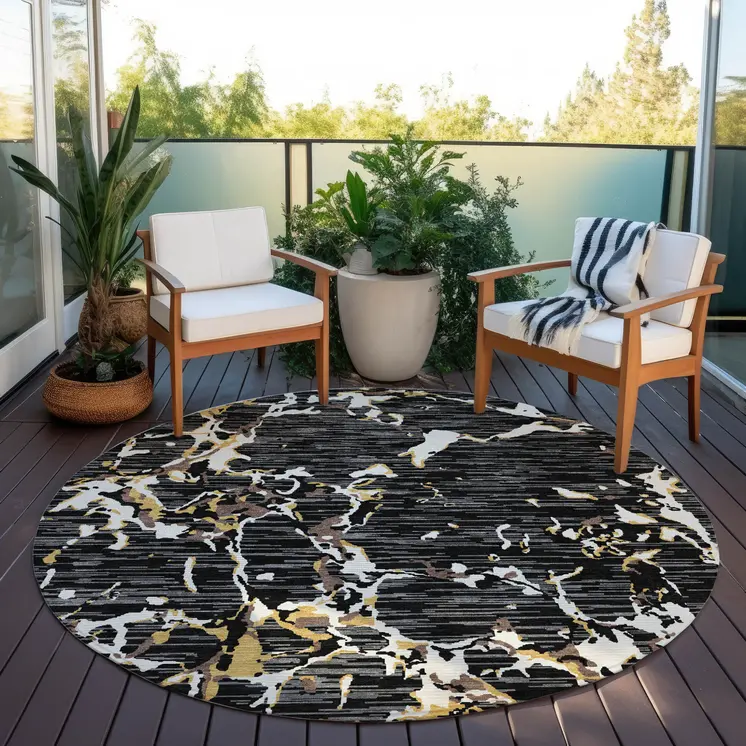 8' Black Ivory And Brown Round Striped Washable Indoor Outdoor Area Rug