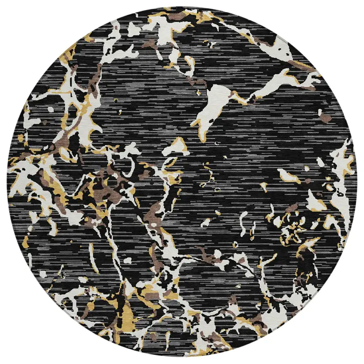 8' Black Ivory And Brown Round Striped Washable Indoor Outdoor Area Rug