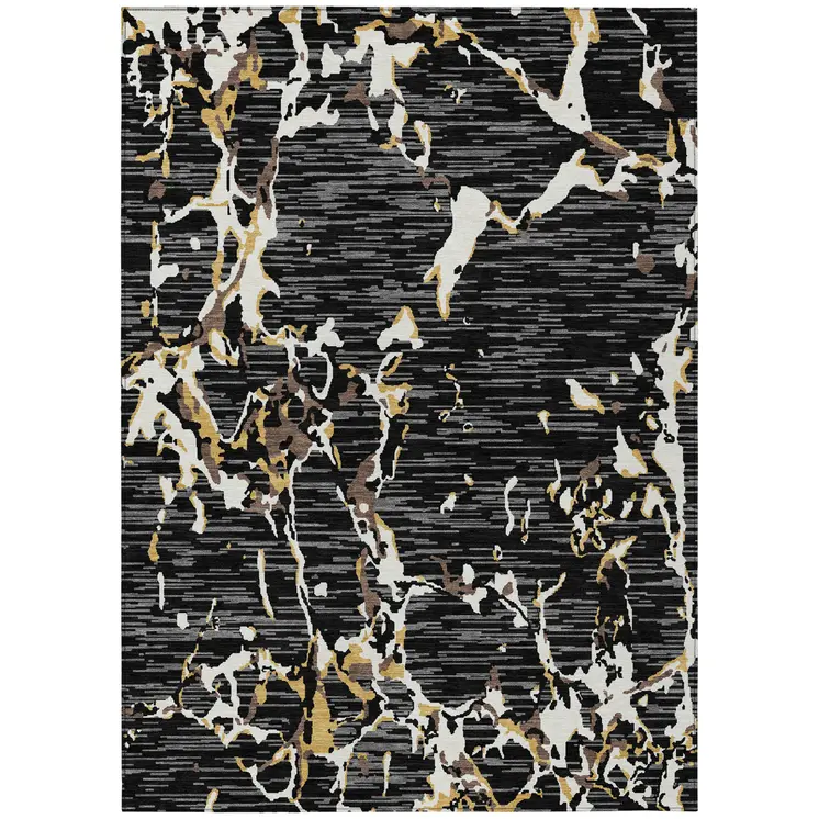 9' X 12' Black Ivory And Brown Striped Washable Indoor Outdoor Area Rug