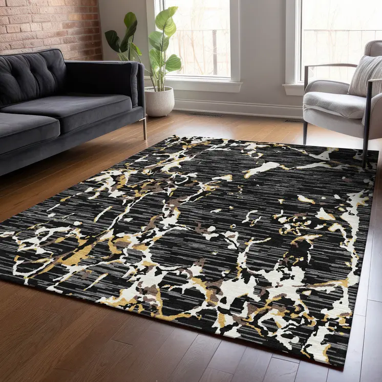 9' X 12' Black Ivory And Brown Striped Washable Indoor Outdoor Area Rug