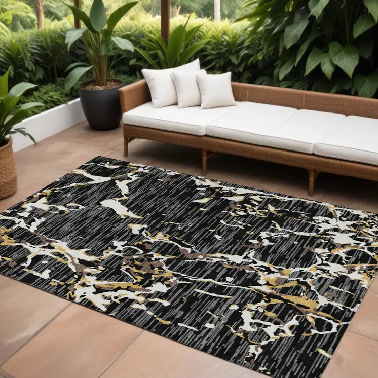 10' X 14' Black Ivory And Brown Striped Washable Indoor Outdoor Area Rug