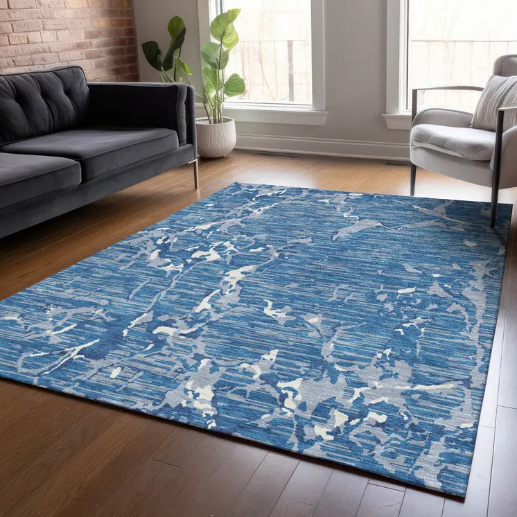 9' X 12' Blue Gray And Ivory Striped Washable Indoor Outdoor Area Rug