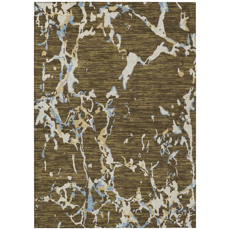 3' X 5' Coffee Blue And Ivory Striped Washable Indoor Outdoor Area Rug