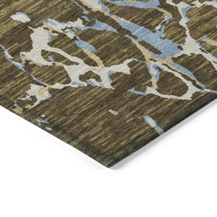 5' X 8' Coffee Blue And Ivory Striped Washable Indoor Outdoor Area Rug