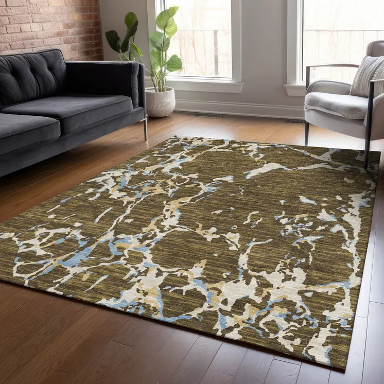 5' X 8' Coffee Blue And Ivory Striped Washable Indoor Outdoor Area Rug