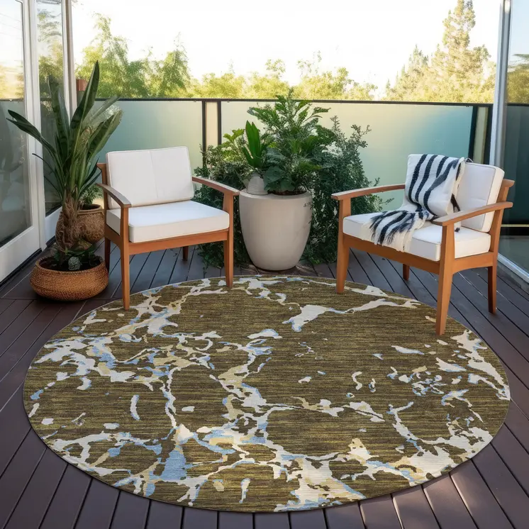 8' Coffee Blue And Ivory Round Striped Washable Indoor Outdoor Area Rug