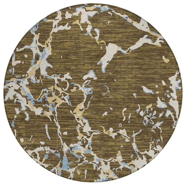 8' Coffee Blue And Ivory Round Striped Washable Indoor Outdoor Area Rug
