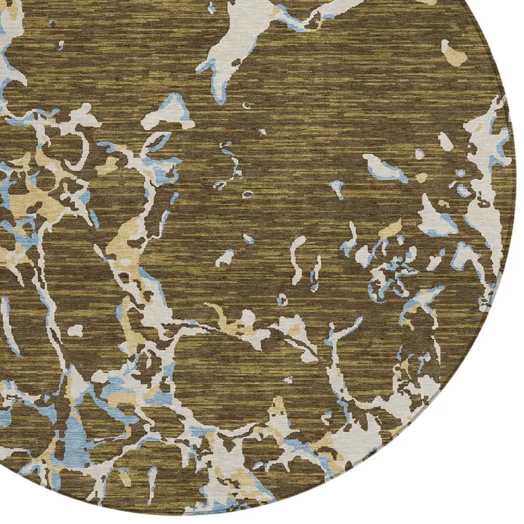 8' Coffee Blue And Ivory Round Striped Washable Indoor Outdoor Area Rug