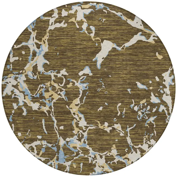 8' Coffee Blue And Ivory Round Striped Washable Indoor Outdoor Area Rug