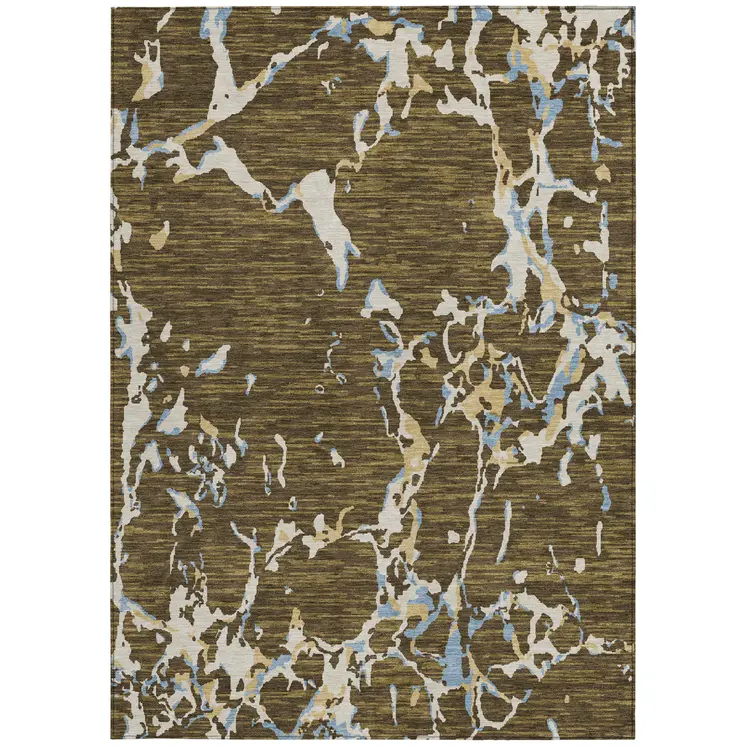 8' X 10' Coffee Blue And Ivory Striped Washable Indoor Outdoor Area Rug