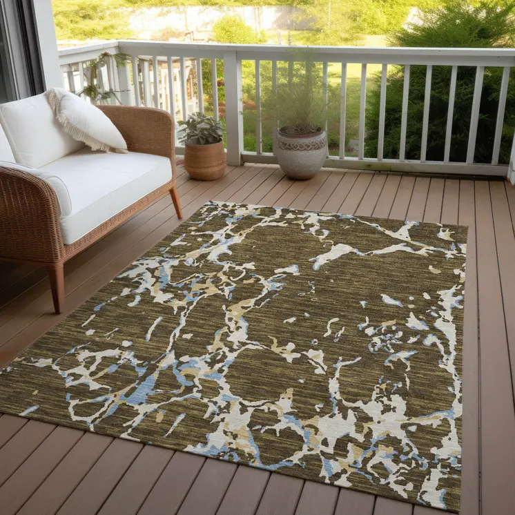 9' X 12' Coffee Blue And Ivory Striped Washable Indoor Outdoor Area Rug