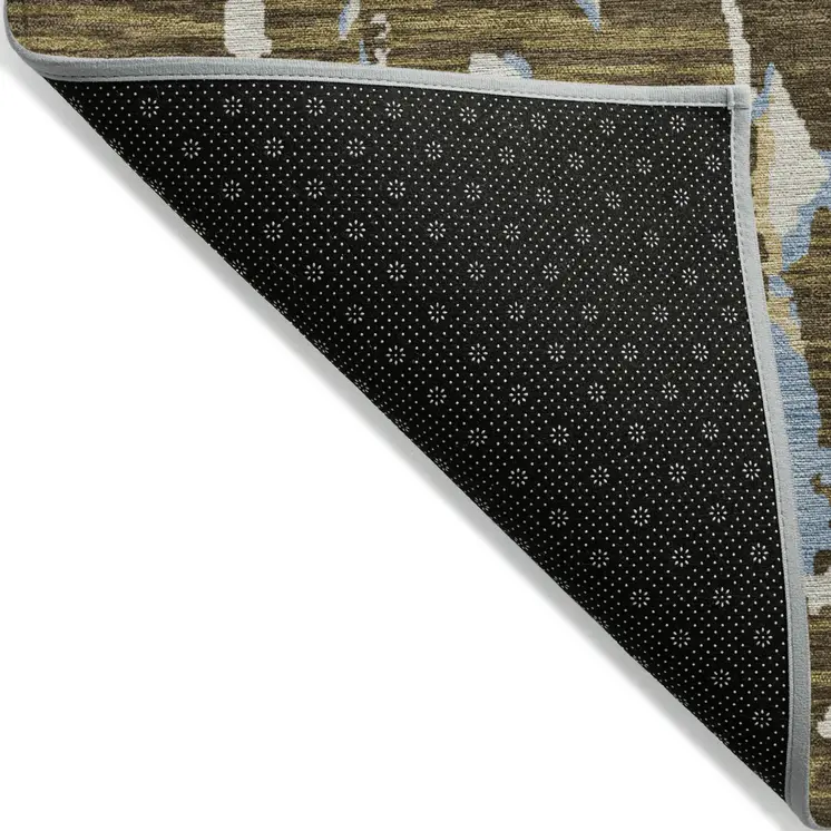 9' X 12' Coffee Blue And Ivory Striped Washable Indoor Outdoor Area Rug