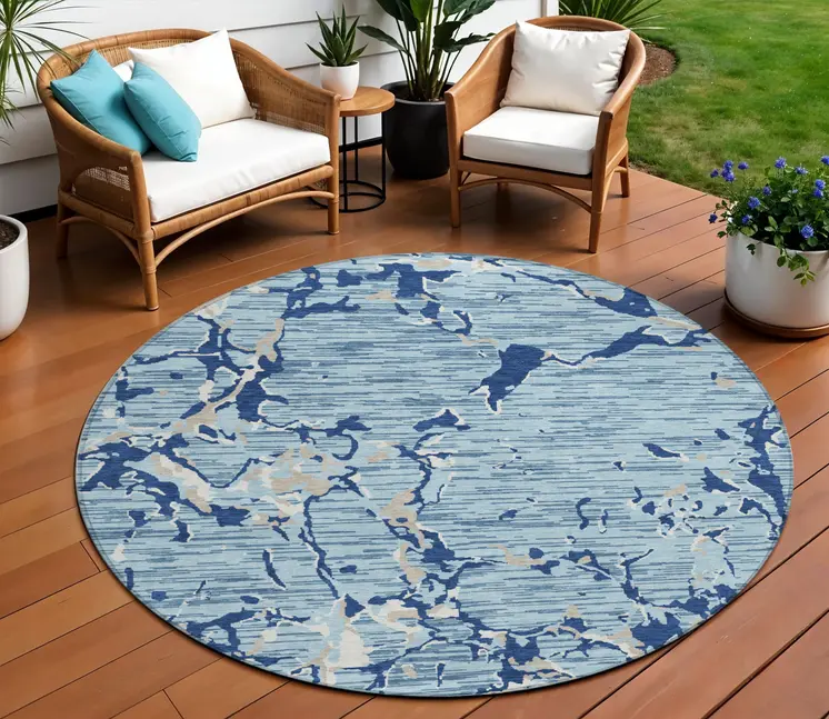 8' Denim Blue Dark Blue And Ivory Round Striped Washable Indoor Outdoor Area Rug