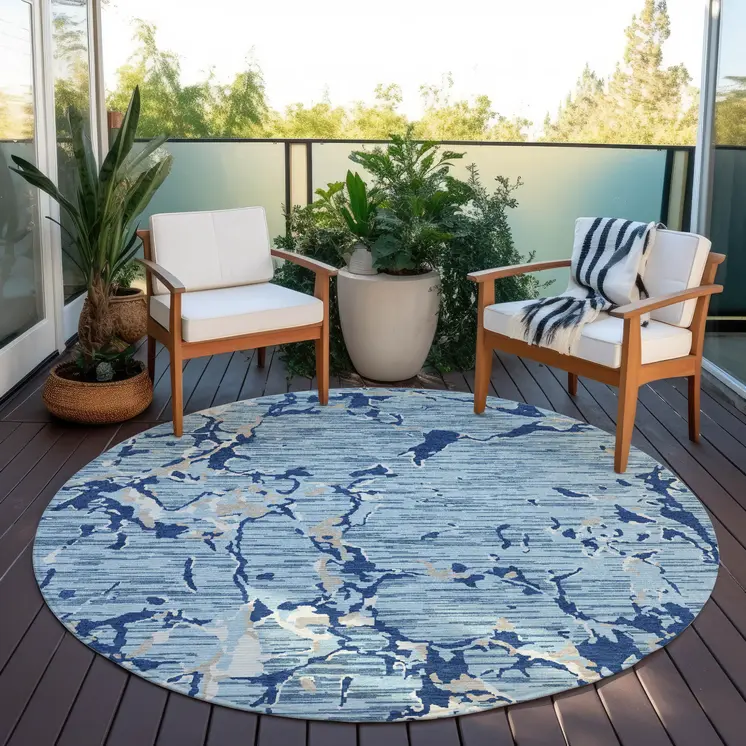 8' Denim Blue Dark Blue And Ivory Round Striped Washable Indoor Outdoor Area Rug