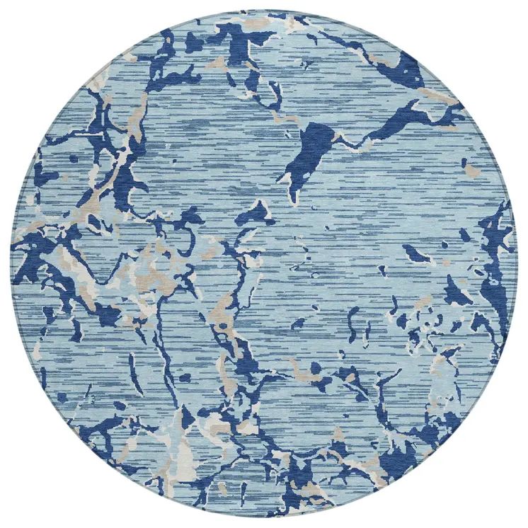 8' Denim Blue Dark Blue And Ivory Round Striped Washable Indoor Outdoor Area Rug