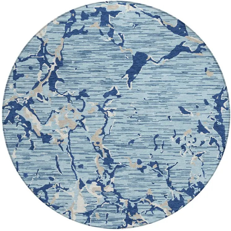 8' Denim Blue Dark Blue And Ivory Round Striped Washable Indoor Outdoor Area Rug