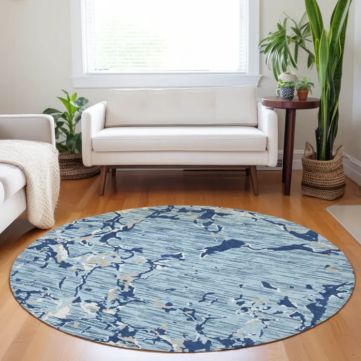 8' Denim Blue Dark Blue And Ivory Round Striped Washable Indoor Outdoor Area Rug