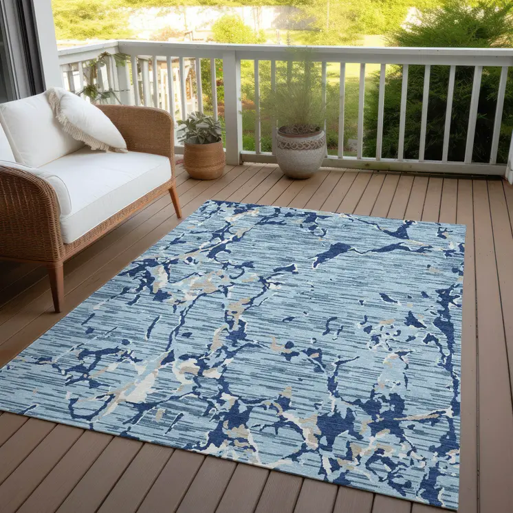 8' X 10' Denim Blue Dark Blue And Ivory Striped Washable Indoor Outdoor Area Rug
