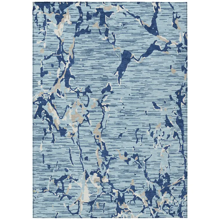 8' X 10' Denim Blue Dark Blue And Ivory Striped Washable Indoor Outdoor Area Rug