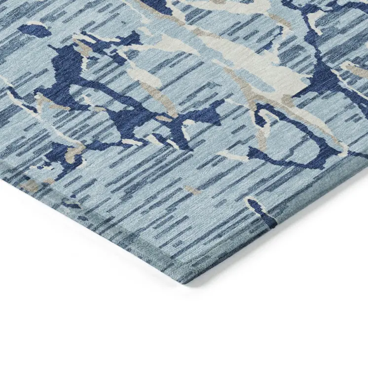 8' X 10' Denim Blue Dark Blue And Ivory Striped Washable Indoor Outdoor Area Rug