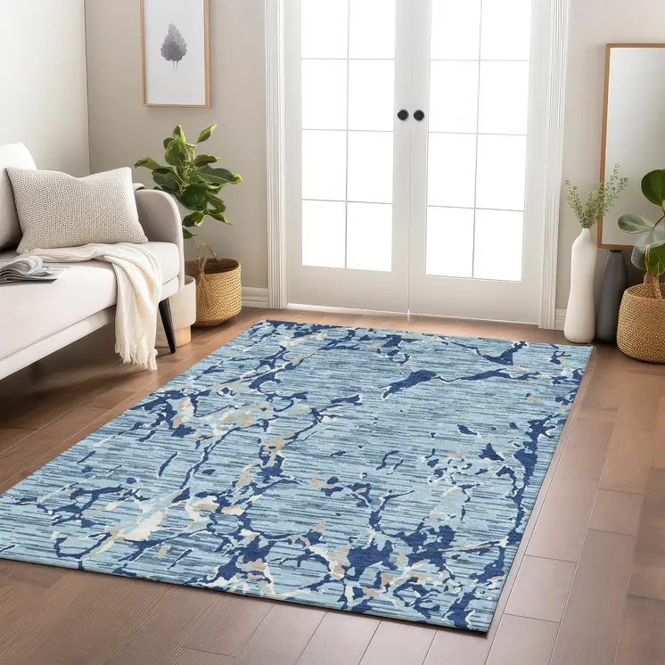 8' X 10' Denim Blue Dark Blue And Ivory Striped Washable Indoor Outdoor Area Rug