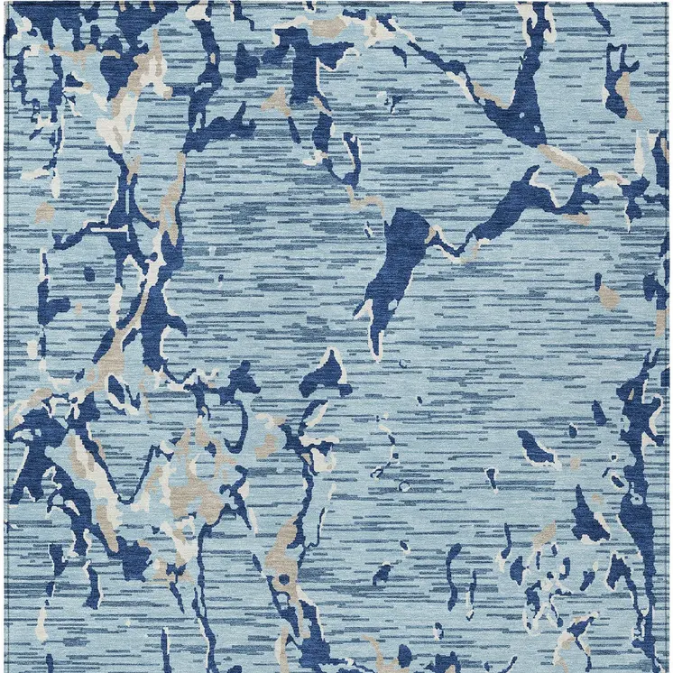 9' X 12' Denim Blue Dark Blue And Ivory Striped Washable Indoor Outdoor Area Rug