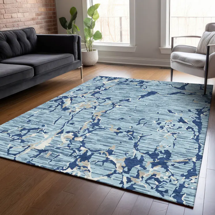 9' X 12' Denim Blue Dark Blue And Ivory Striped Washable Indoor Outdoor Area Rug