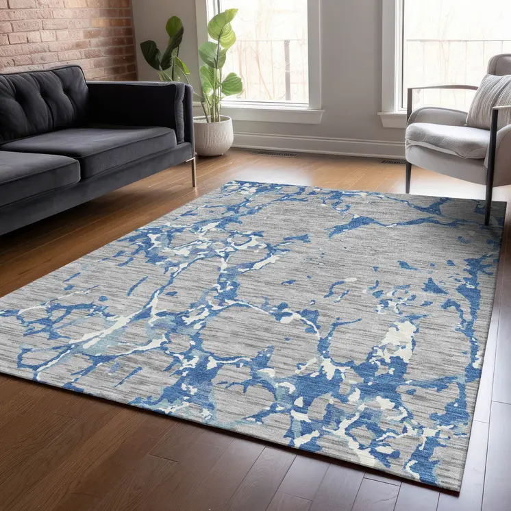 5' X 8' Gray Blue And Ivory Striped Washable Indoor Outdoor Area Rug