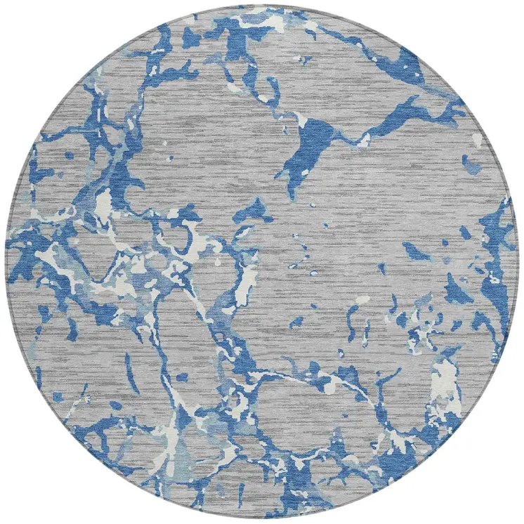 8' Gray Blue And Ivory Round Striped Washable Indoor Outdoor Area Rug