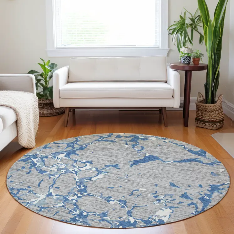 8' Gray Blue And Ivory Round Striped Washable Indoor Outdoor Area Rug