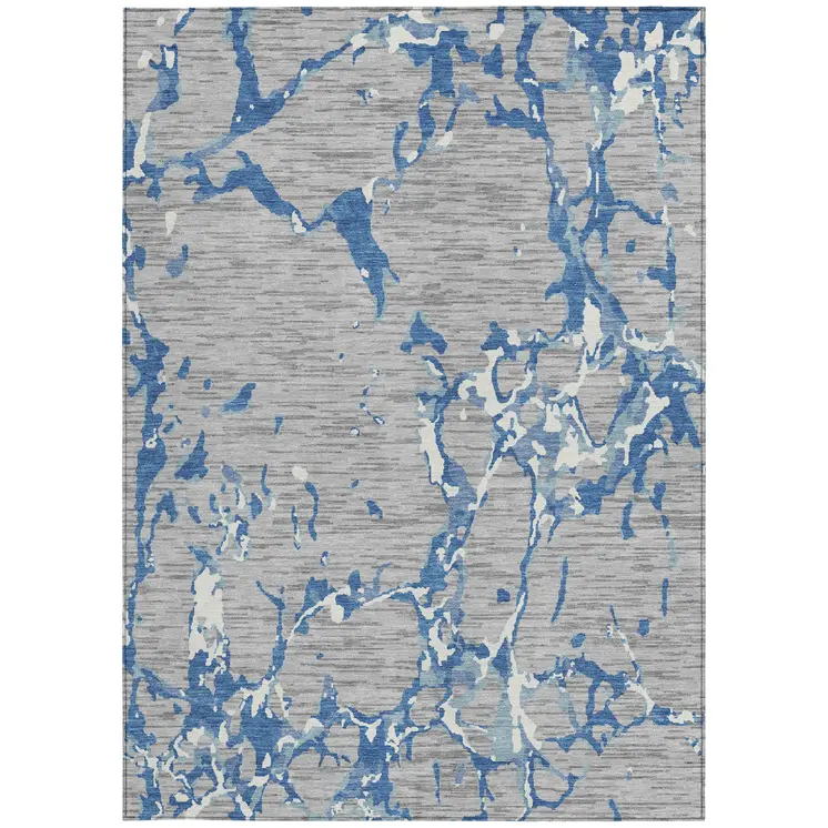 9' X 12' Gray Blue And Ivory Striped Washable Indoor Outdoor Area Rug