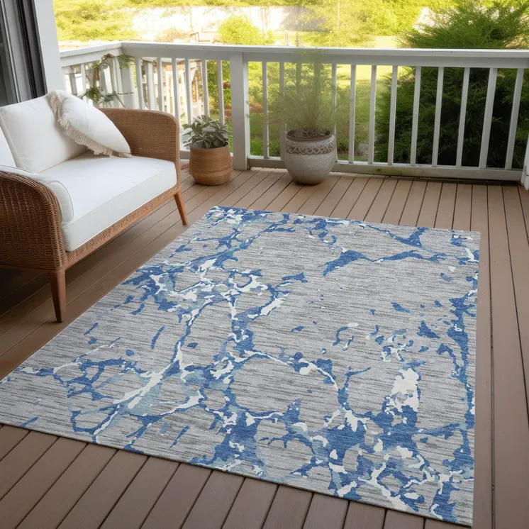 9' X 12' Gray Blue And Ivory Striped Washable Indoor Outdoor Area Rug