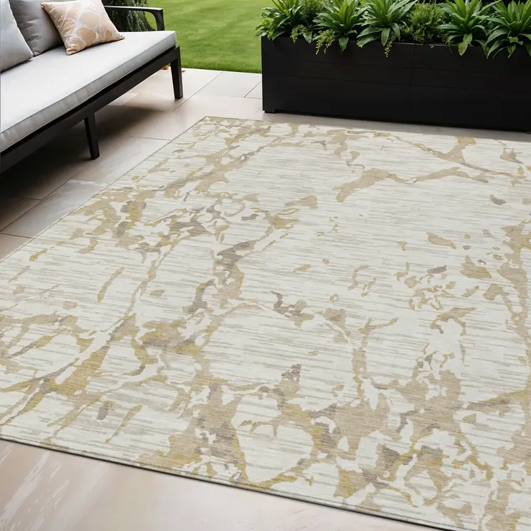 5' X 8' Ivory And Beige Striped Washable Indoor Outdoor Area Rug