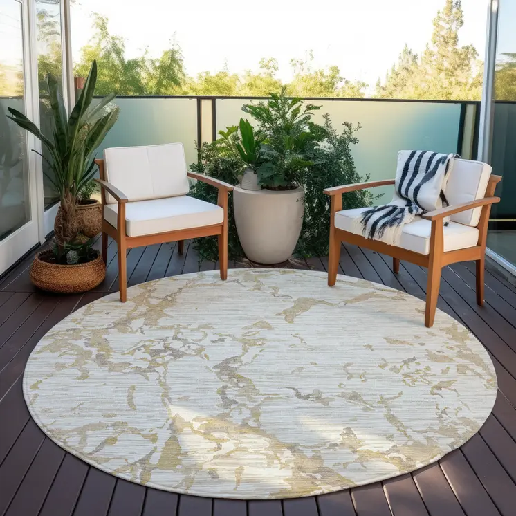 8' Ivory And Beige Round Striped Washable Indoor Outdoor Area Rug