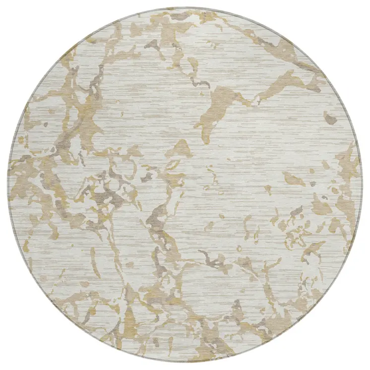 8' Ivory And Beige Round Striped Washable Indoor Outdoor Area Rug